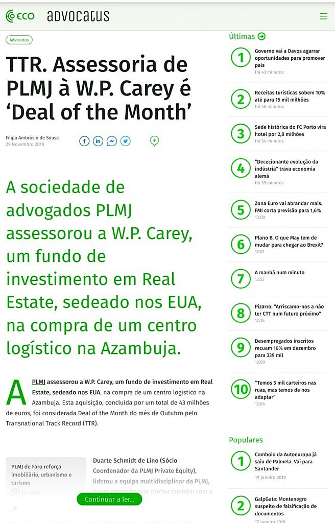 TTR. Assessoria de PLMJ  W.P. Carey  Deal of the Month